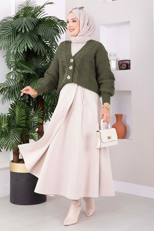 Haki Patterned Buttoned Knit Cardigan