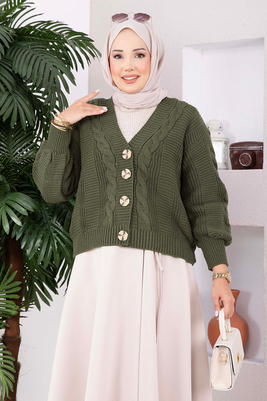 Haki Patterned Buttoned Knit Cardigan