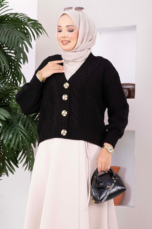 كارديغان من الصوف المحبوك بنمط وأزرار سوداء