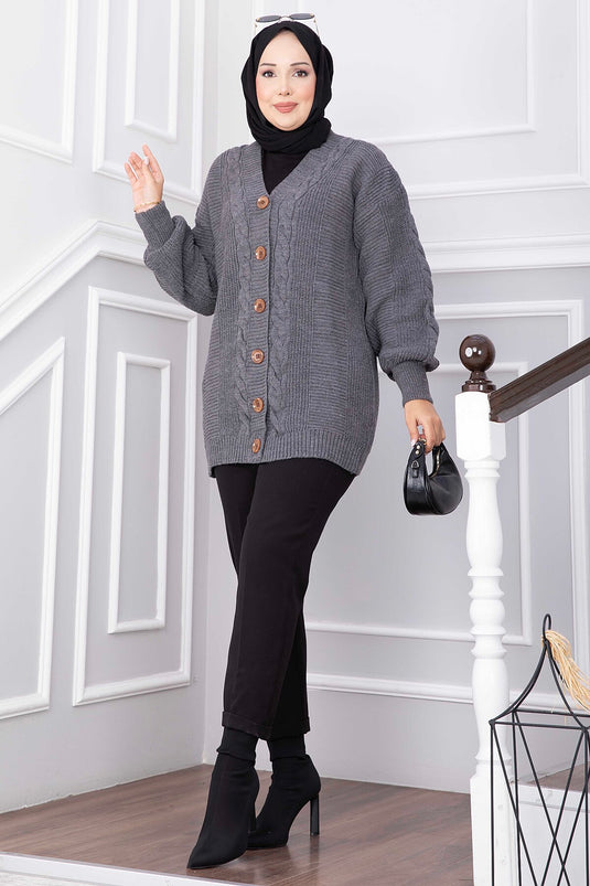 Anthrazit Strickjacke Mit Zopf-Detail Und Knöpfen