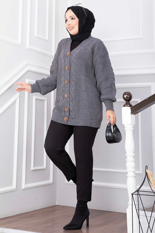 Anthrazit Strickjacke Mit Zopf-Detail Und Knöpfen