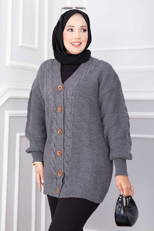 Anthrazit Strickjacke Mit Zopf-Detail Und Knöpfen
