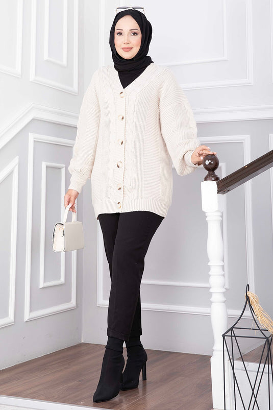 Ecru Strickjacke Mit Haargeflecht-Knopf-Details