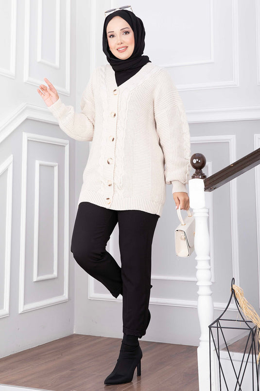 Ecru Strickjacke Mit Haargeflecht-Knopf-Details