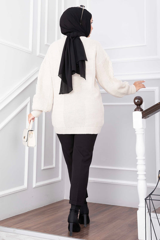 Ecru Strickjacke Mit Haargeflecht-Knopf-Details