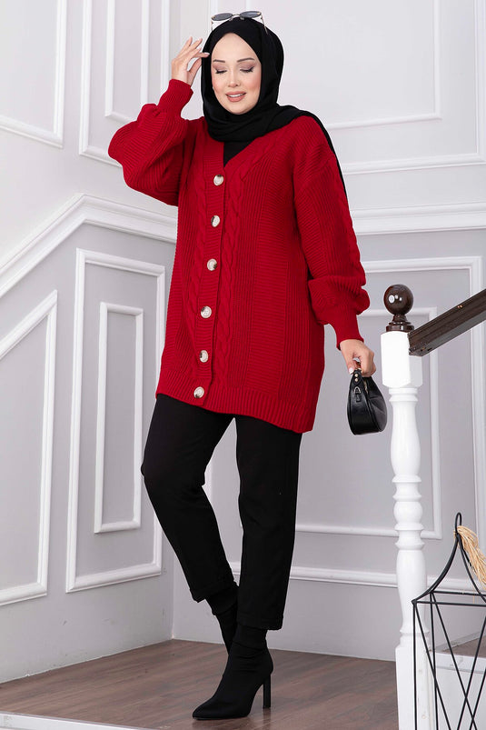 Rote Strickjacke Mit Zopf-Details Und Knöpfen