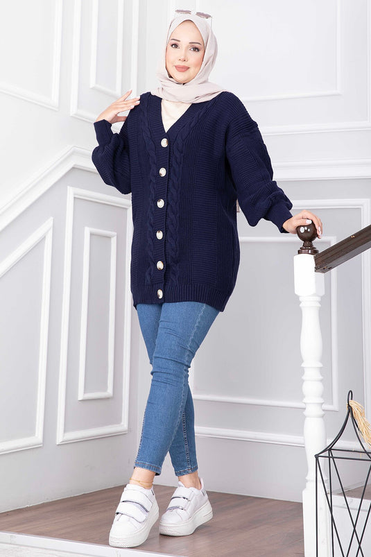 Navy Blauer Strick-Cardigan Mit Haarzopf Und Knöpfen