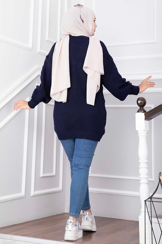 Navy Blauer Strick-Cardigan Mit Haarzopf Und Knöpfen