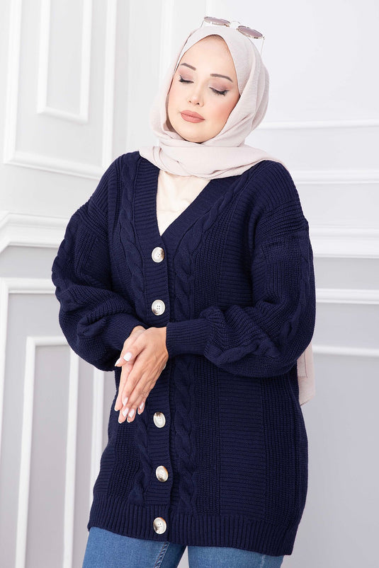 Navy Blauer Strick-Cardigan Mit Haarzopf Und Knöpfen