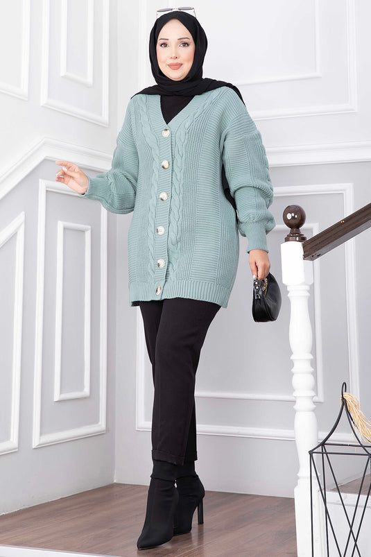 Mint Strickjacke Mit Zopf-Details Und Knopfverschluss