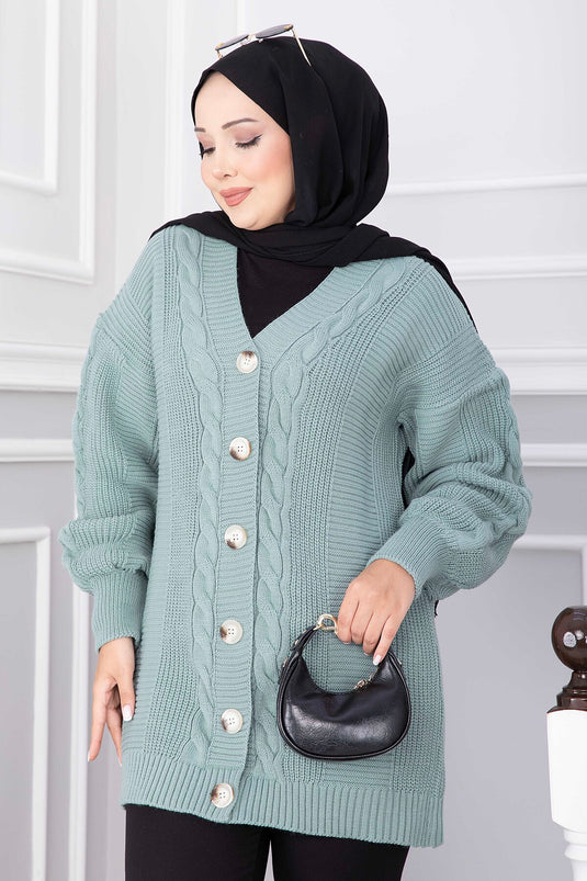 Mint Strickjacke Mit Zopf-Details Und Knopfverschluss