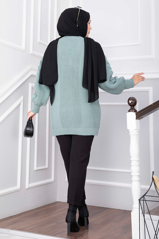 Mint Strickjacke Mit Zopf-Details Und Knopfverschluss