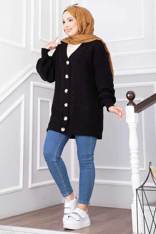 Schwarze Strickjacke Mit Zopf-Details Und Knöpfen