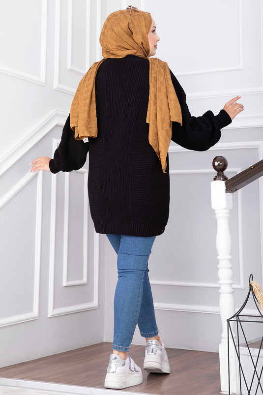 Schwarze Strickjacke Mit Zopf-Details Und Knöpfen