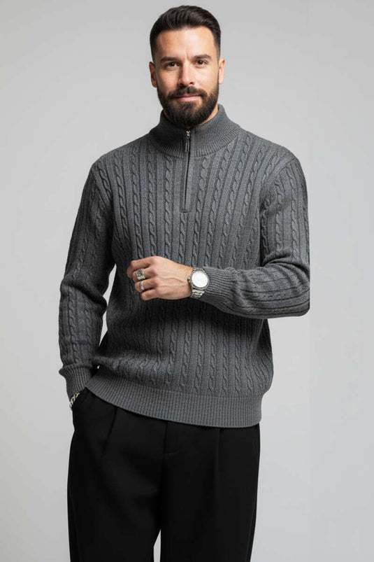 Pull en maille à fermeture éclair avec détail de tresse, gris foncé