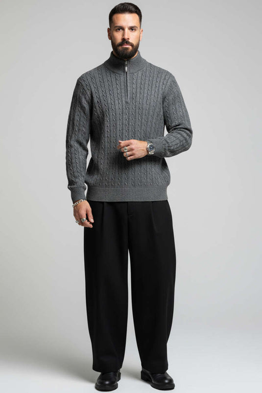 سترة محبوكة بسحاب وتفاصيل ضفيرة شعر، رمادي داكن