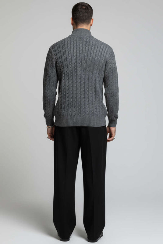 سترة محبوكة بسحاب وتفاصيل ضفيرة شعر، رمادي داكن