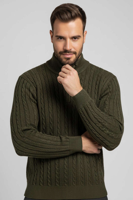 Strickpullover mit geflochtenen Haardetails und Reißverschluss, Khaki