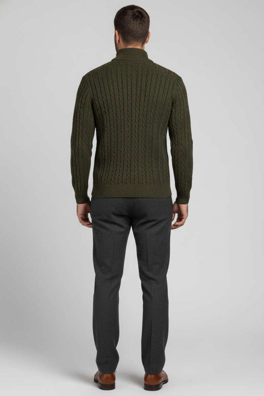 Strickpullover mit geflochtenen Haardetails und Reißverschluss, Khaki