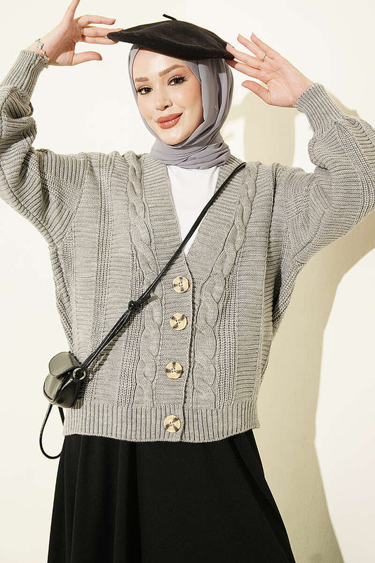 Gray Buttoned Knit Short Cardigan