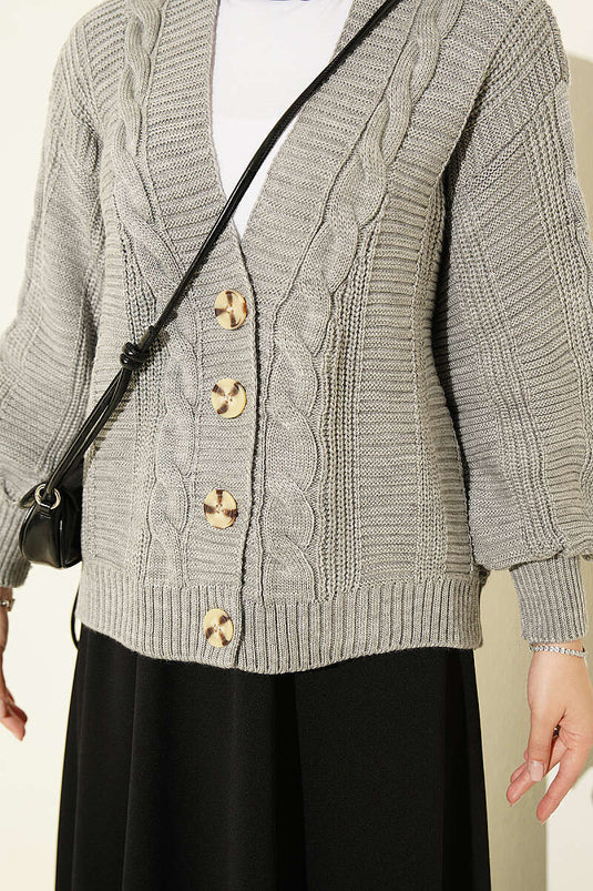 Gray Buttoned Knit Short Cardigan