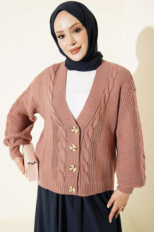 Cardigan Corto In Maglia Rosa Con Bottoni