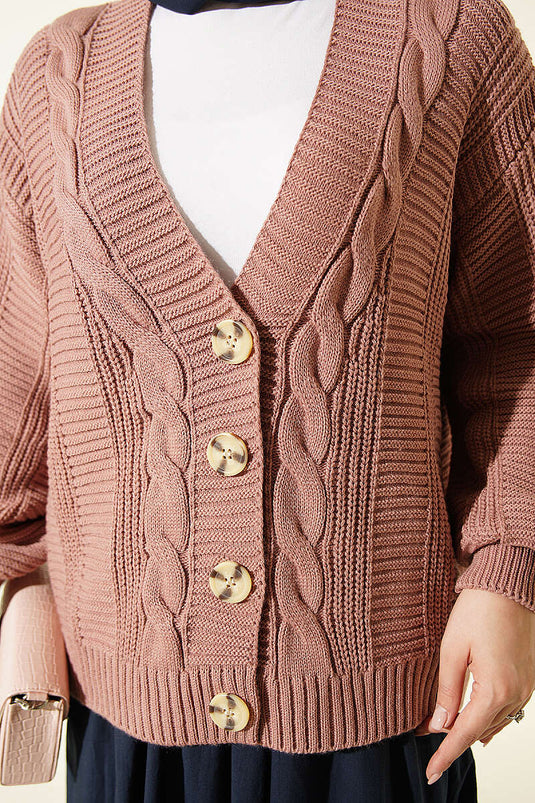 Cardigan Corto In Maglia Rosa Con Bottoni