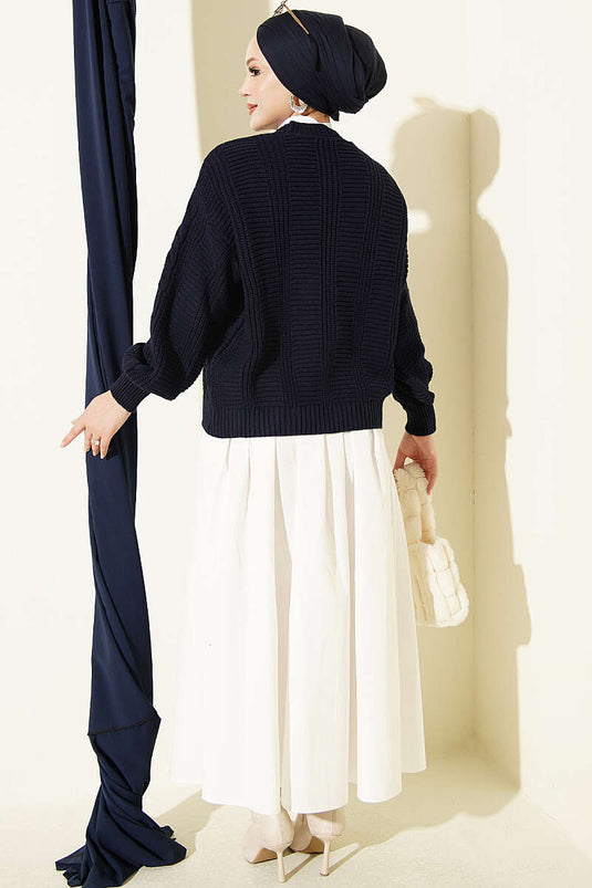 Navy Blue Buttoned Knit Short Cardigan