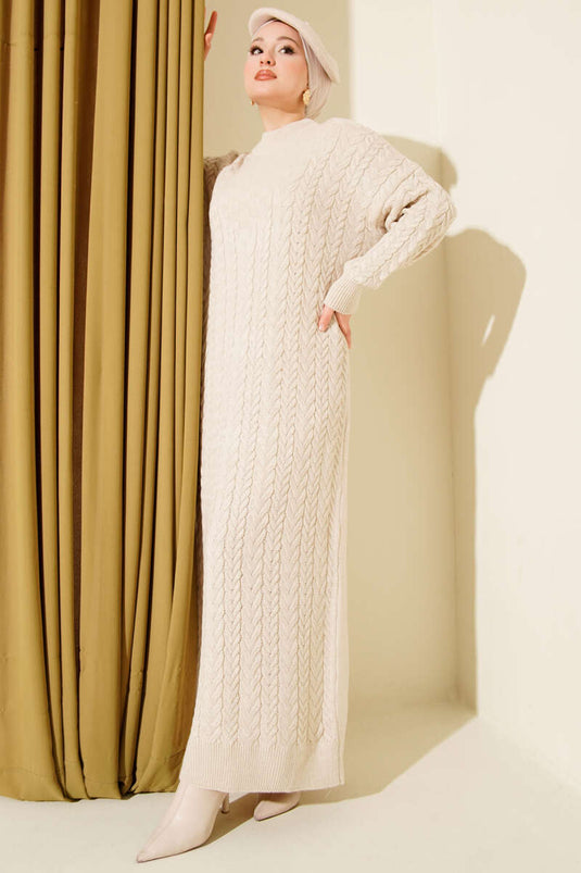 Braided Embossed Knit Dress, Beige