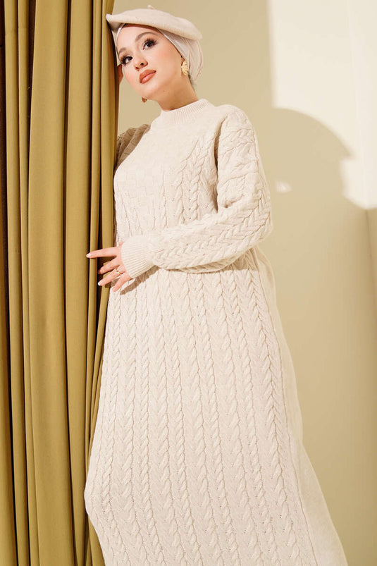 Braided Embossed Knit Dress, Beige