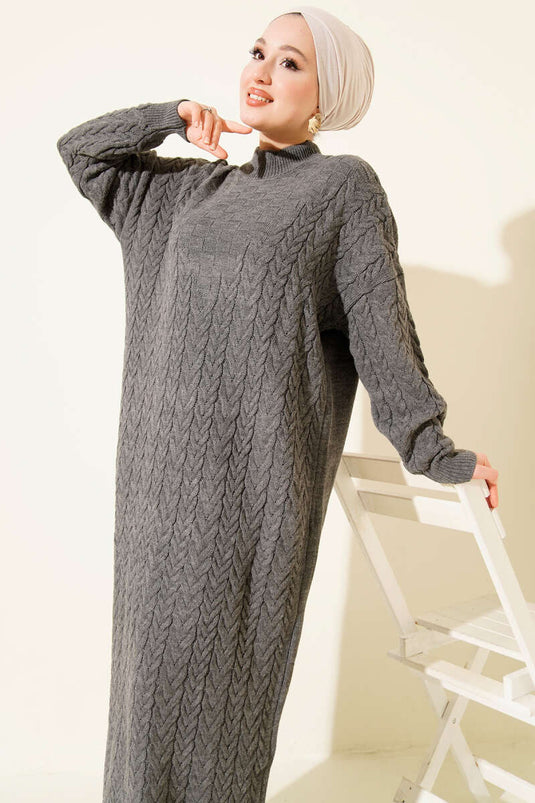 Braided Embossed Knit Dress, Smoke Grey