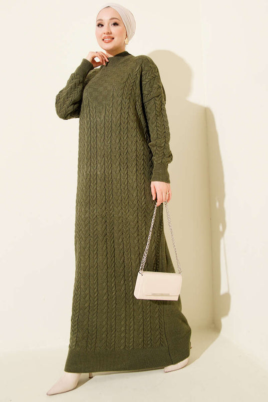 Robe En Tricot Texturé Avec Tresse De Cheveux Kaki