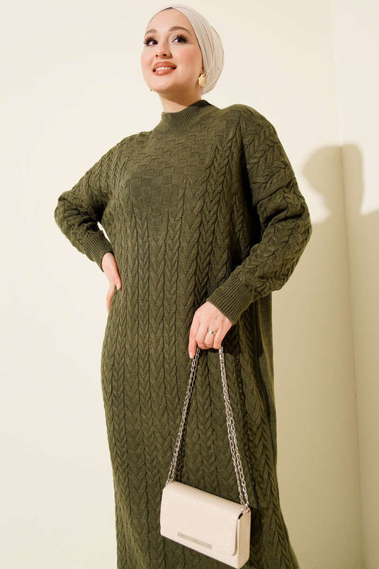 Robe En Tricot Texturé Avec Tresse De Cheveux Kaki