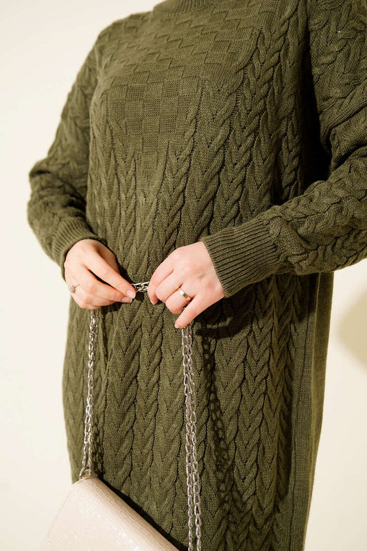 Robe En Tricot Texturé Avec Tresse De Cheveux Kaki