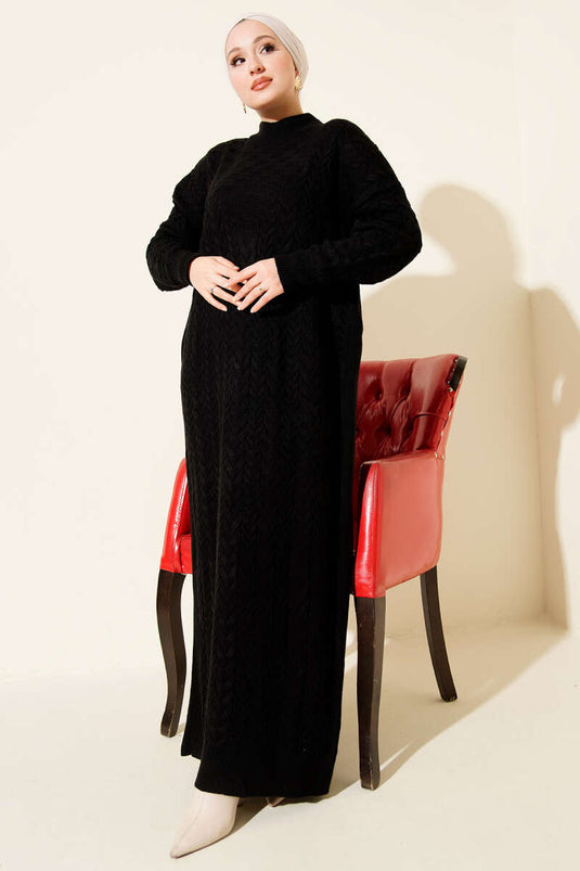 Hair Braided Embossed Knit Dress Black
