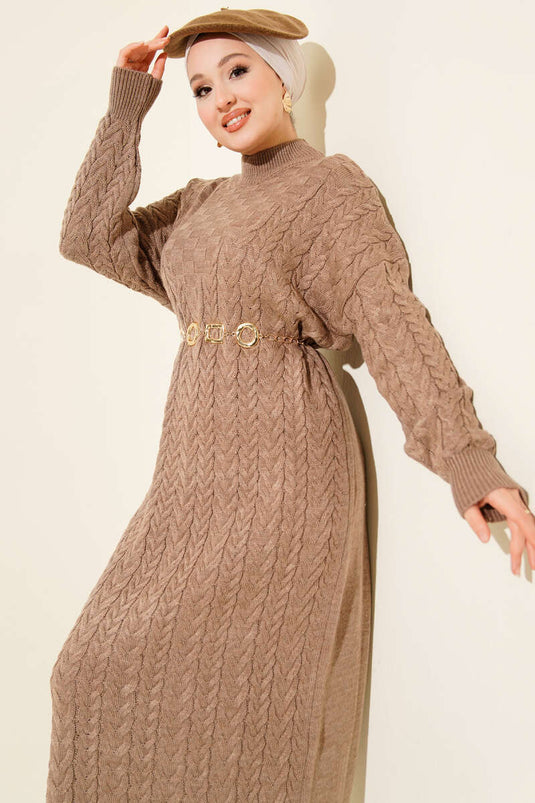 Braided Embossed Knit Dress, Milky Coffee