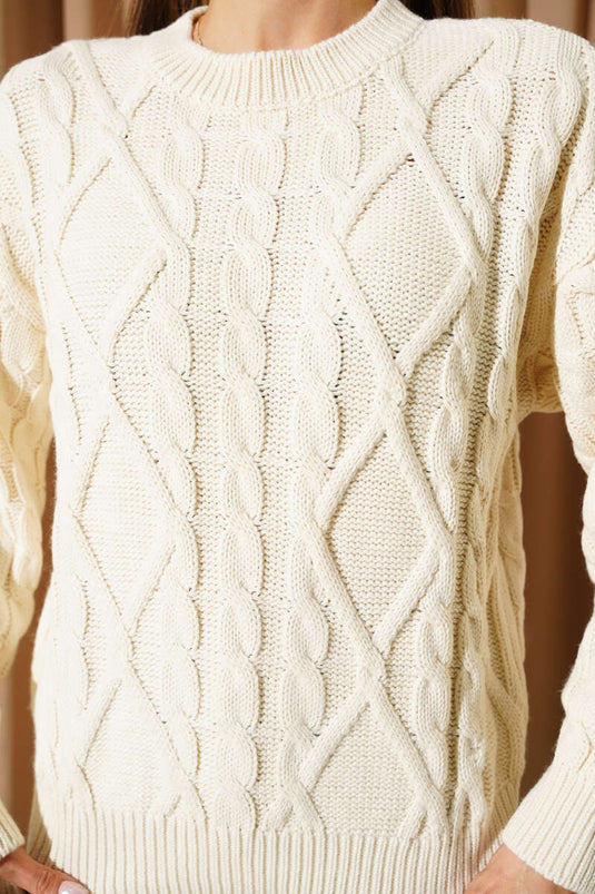 Pull en maille torsadée gaufrée, beige