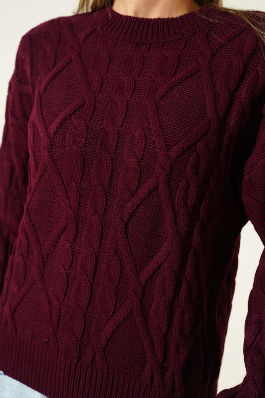 Saç Örgü Kabartmalı Triko Kazak Bordo