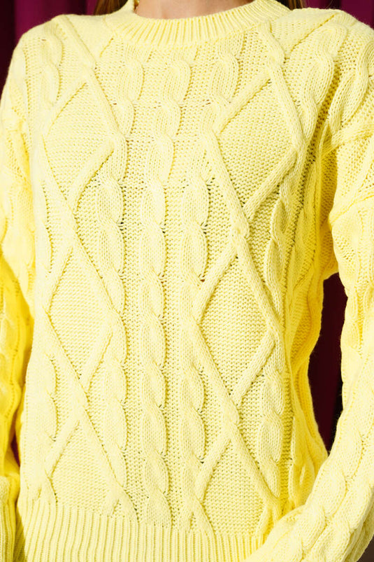 Saç Örgü Kabartmalı Triko Kazak Sarı