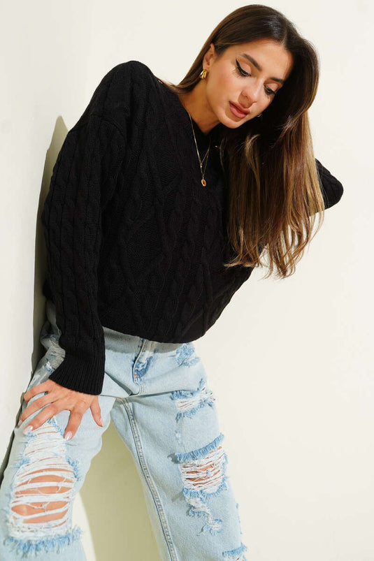 Saç Örgü Kabartmalı Triko Kazak Siyah