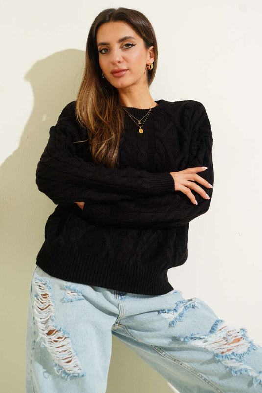 Hair Braided Embossed Knit Sweater, Black