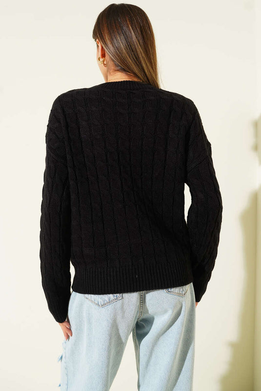 Hair Braided Embossed Knit Sweater, Black