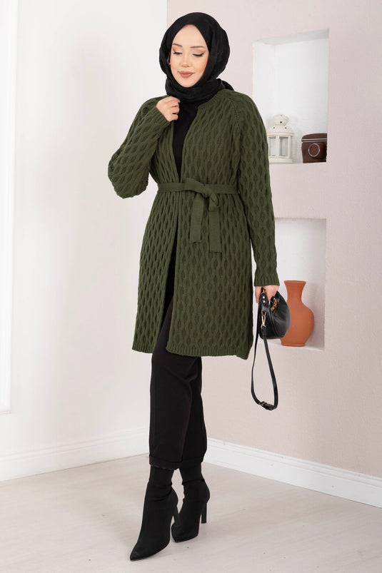 Cardigan in maglia intrecciata con cintura, cachi