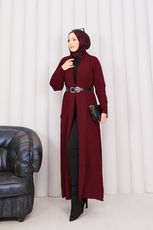 Hair Knit Shawl Collar Hijab Knitwear Cardigan Burgundy
