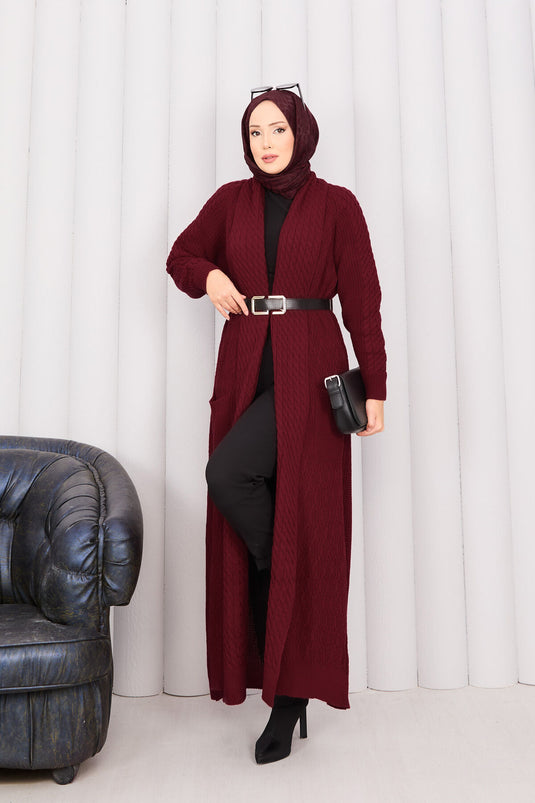 Hair Knit Shawl Collar Hijab Knitwear Cardigan Burgundy