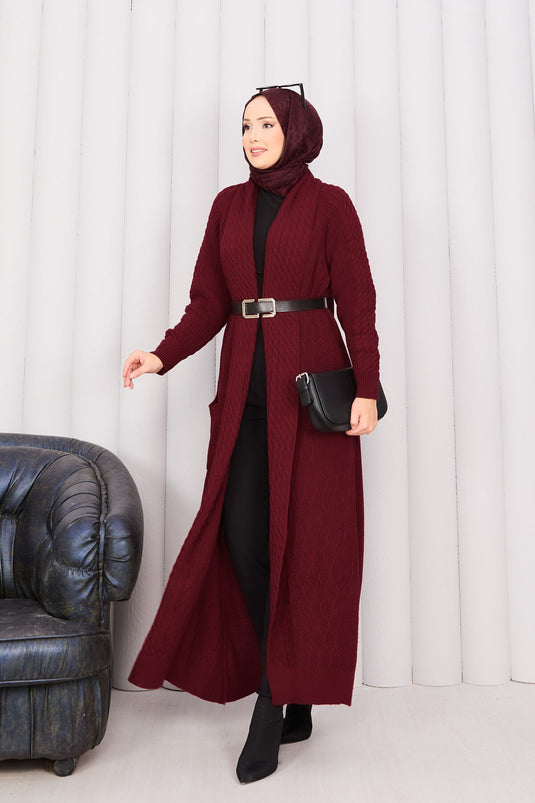 Hair Knit Shawl Collar Hijab Knitwear Cardigan Burgundy