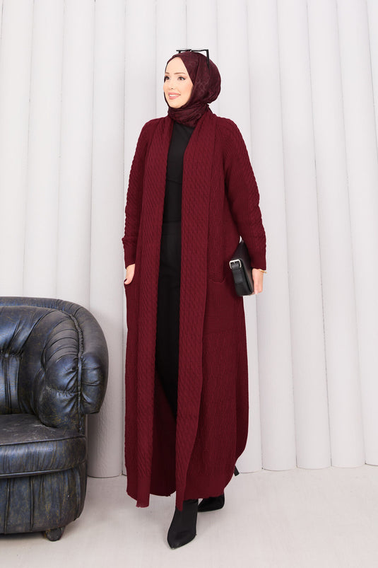 Hair Knit Shawl Collar Hijab Knitwear Cardigan Burgundy