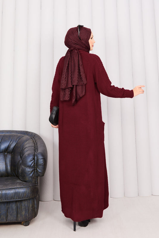 Hair Knit Shawl Collar Hijab Knitwear Cardigan Burgundy