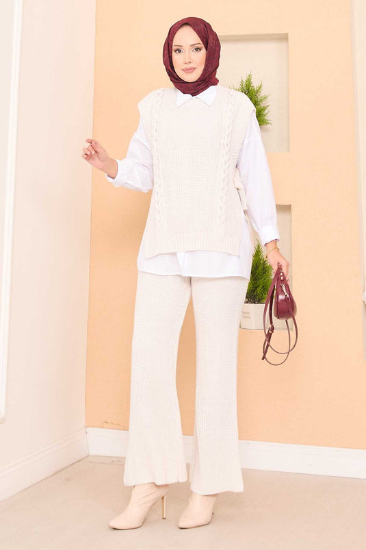 Saç Örgü Triko Üçlü Tesettür Takım Ekru