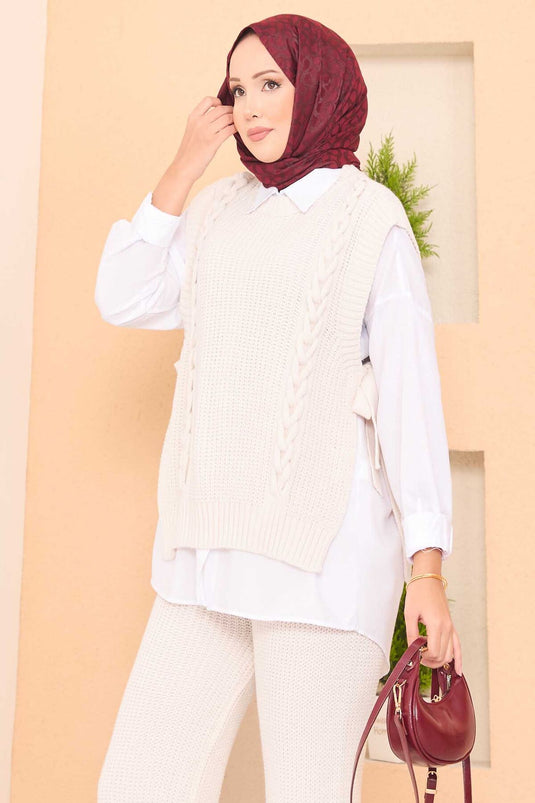 Saç Örgü Triko Üçlü Tesettür Takım Ekru